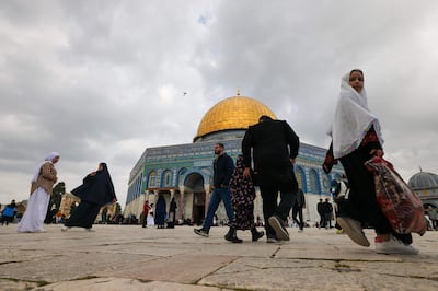 Palestinian Muslims gather at Al Aqsa for Friday Noon prayer in Jerusalem. AFP