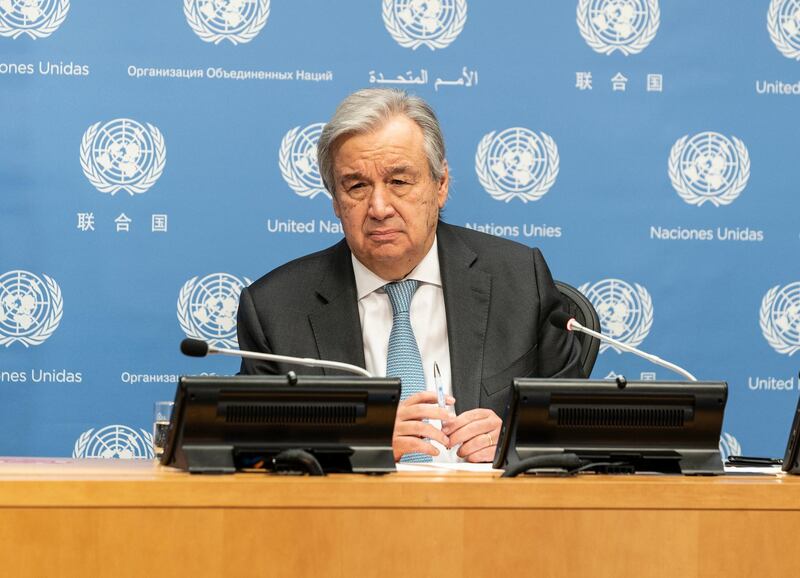 Secretary-General Antonio Guterres conducts hybrid amid pandemic press conference addressing United Nations priorities for 2021 at UN Headquarters in New York on January 28, 2021. SG addressed COVID-19 pandemic and how world should eradicate disease, financial problems in many parts of the world and climate change as main topics for this year agenda. (Photo by Lev Radin/Sipa USA)No Use Germany.