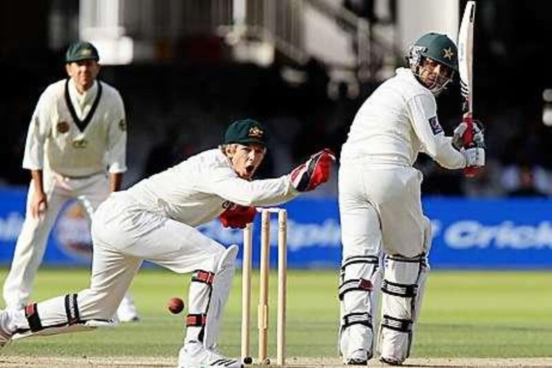 Pakistan's Salman Butt plays a shot past Australia's wicketkeeper Tim Paine during yesterday's play at Lord's.