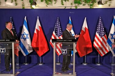 US Secretary of State Mike Pompeo, Israeli Prime Minister Benjamin Netanyahu, and Bahrain's Foreign Minister Abdullatif bin Rashid Al Zayani give a press conference after a trilateral meeting in Jerusalem, 18 November 2020. EPA
