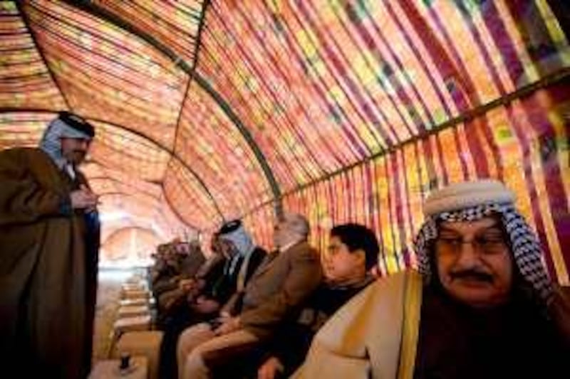 Sheikh Rabea'a Mohammad al Habeeb (right of photo, sitting), Emir of the Rabea'a tribe in the Middle East, and one of the most senior tribal leaders in Iraq, at a gathering in Kut, Wasit province Iraq, 4th February 2009. He warned that corrupt and self-interested political parties were destroying democracy in Iraq. 

 One of the 15 or so top tribal leaders in Iraq, at a gathering of lower order sheikhs in Wasit province, near Kut, at the office of General Aziz al Emara, who  played a leading role in efforts against the Mahdi Army in Kut.



 *** Local Caption ***  Sheikh Rabea'a - 1.jpg