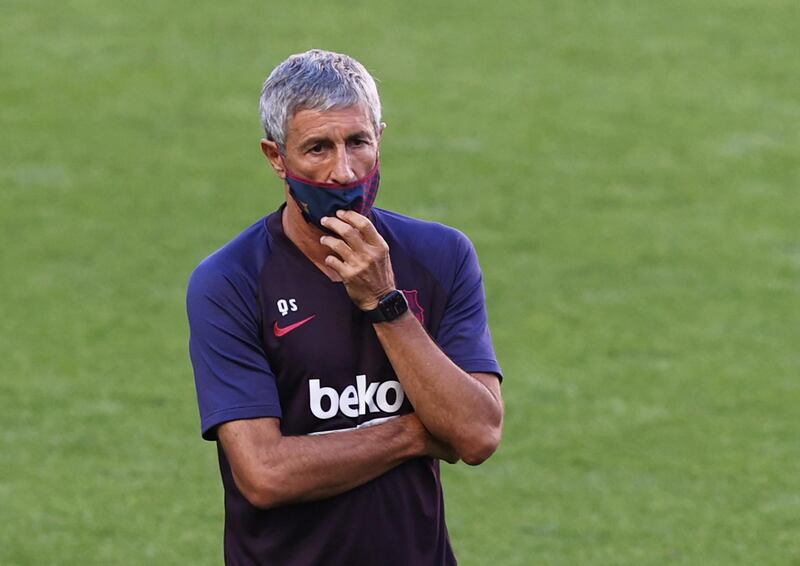 Quique Setien during a training session ahead of Barcelona's Champions League quarter-final against Bayern Munich. Reuters