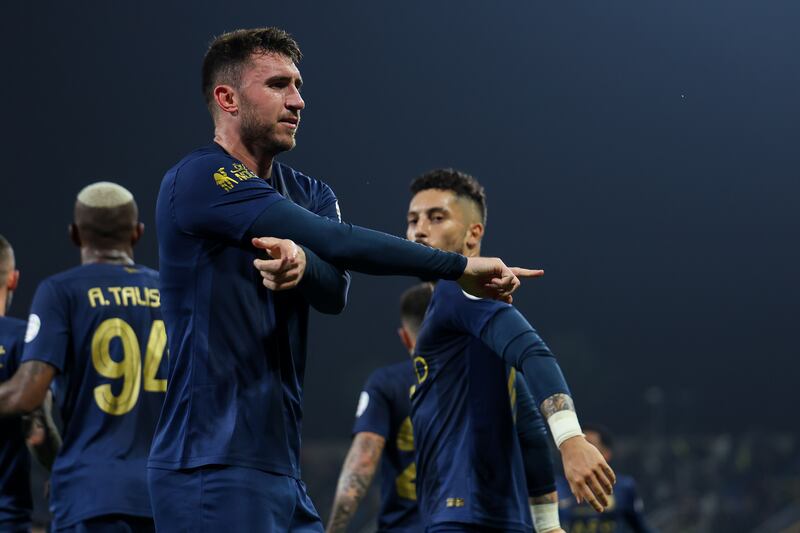 Aymeric Laporte celebrates after scoring Al Nassr's second goal against Al Taawoun. Getty Images