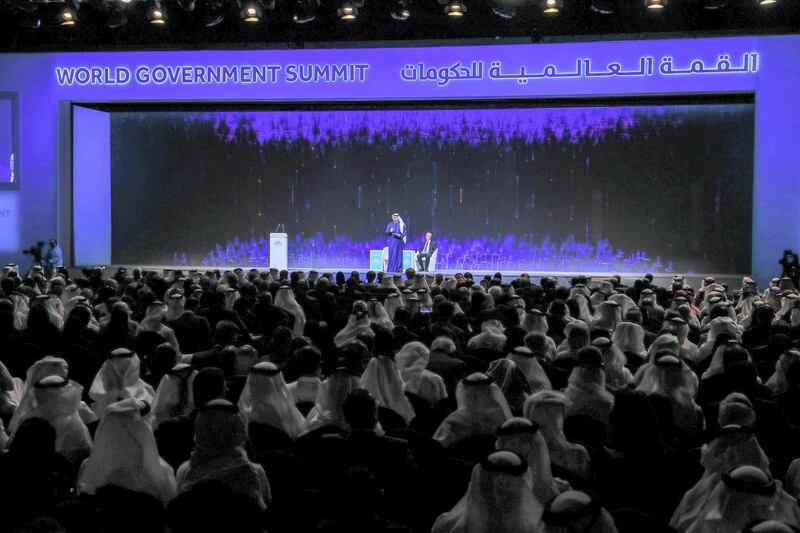 Dubai, U.A.E., February 10, 2019. World Government Summit Day 1.  Opening address by original Davos man Klaus Schwab and cabinet minister Mohammed Gergawi .
Victor Besa/The National
Section:  NA
Reporter:  Nick Webster