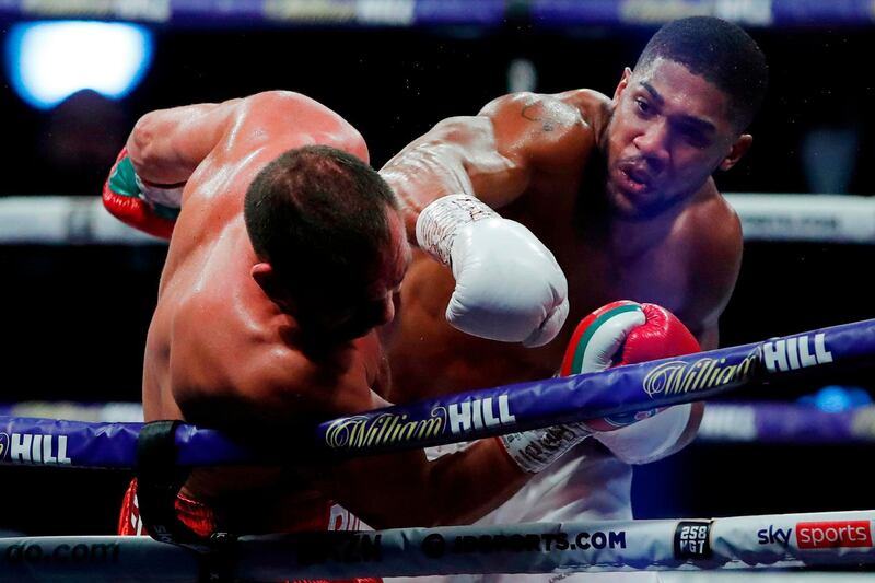 Anthony Joshua lands a punch on Kubrat Pulev during the British fighter's victory at Wembley Arena in December 2020.