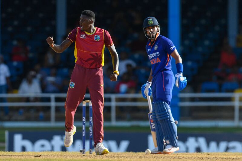 Alzarri Joseph of West Indies celebrates the dismissal of Shreyas Iyer. AFP