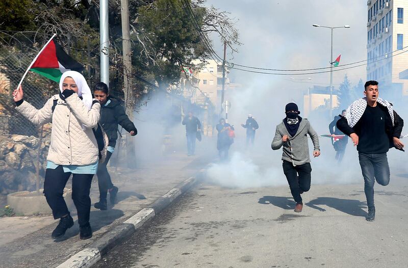 Palestinians clash with Israeli security forces following a protest in the West Bank city of Bethlehem, 29 January 2020. EPA