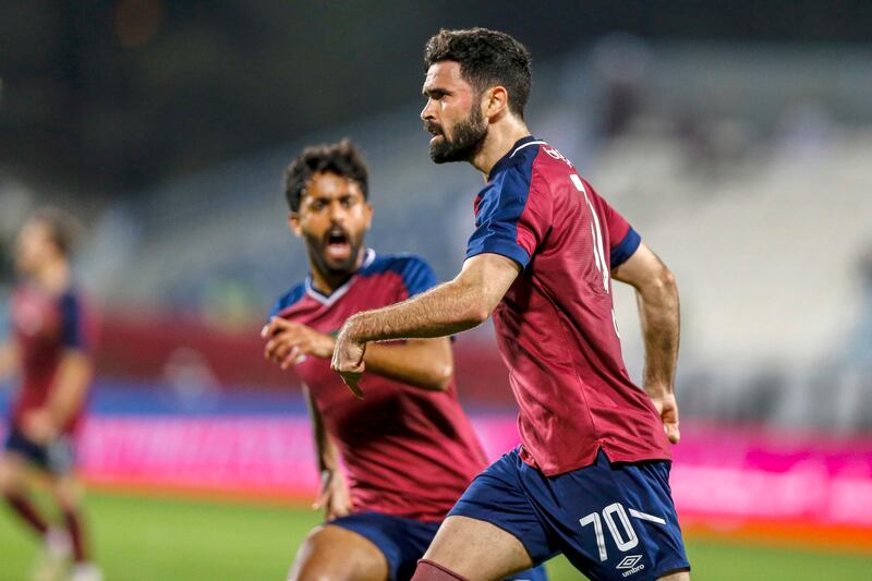 Al Wahda’s winger Omar Khrbin celebrates after scoring in his team’s 4-2 win over Al Orooba in the Adnoc Pro League at Baniyas Stadium on Friday, February 4, 2022. Photo: PLC