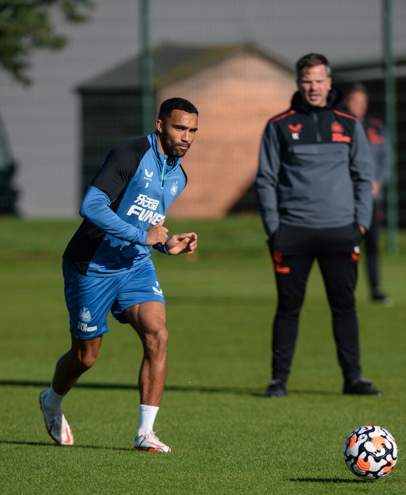 Callum Wilson passes the ball during the Newcastle training session.