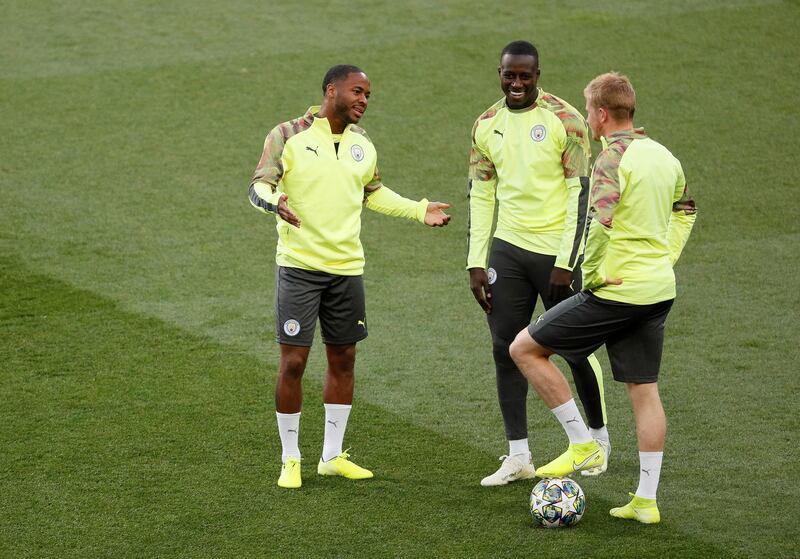 Left to right: Manchester City's Raheem Sterling, Benjamin Mendy and Kevin De Bruyne. Reuters