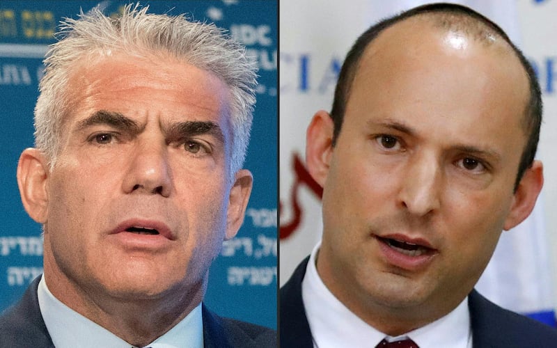 (COMBO) This combination of pictures created on May 5, 2021 shows (L to R) Yair Lapid of the Yesh Atid (There Is a Future) party speaking during a conference in Israel's central city of Herzliya on June 22, 2017; and Naftali Bennett of the Yamina (Right) party speaking during a press conference in Tel Aviv on December 29, 2018.  / AFP / Jack GUEZ

