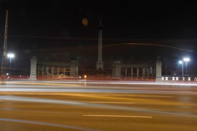 The Millennium Monument, a landmark of the Hungarian capital with its illumination switched off during the Earth Hour event, in Budapest, Hungary. Tamas Kovacs / MTI via AP