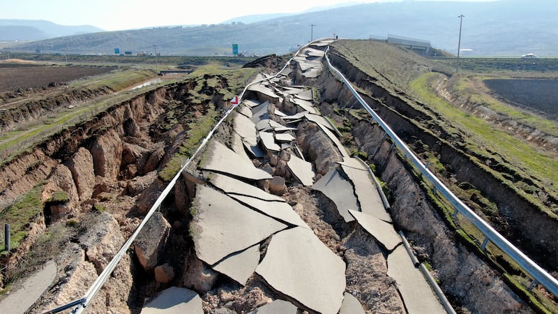 A destroyed road near Koseli village, in Kahramanmaras. AP