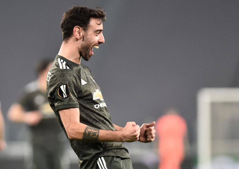 Manchester United's Bruno Fernandes celebrates scoring their second goal. Reuters