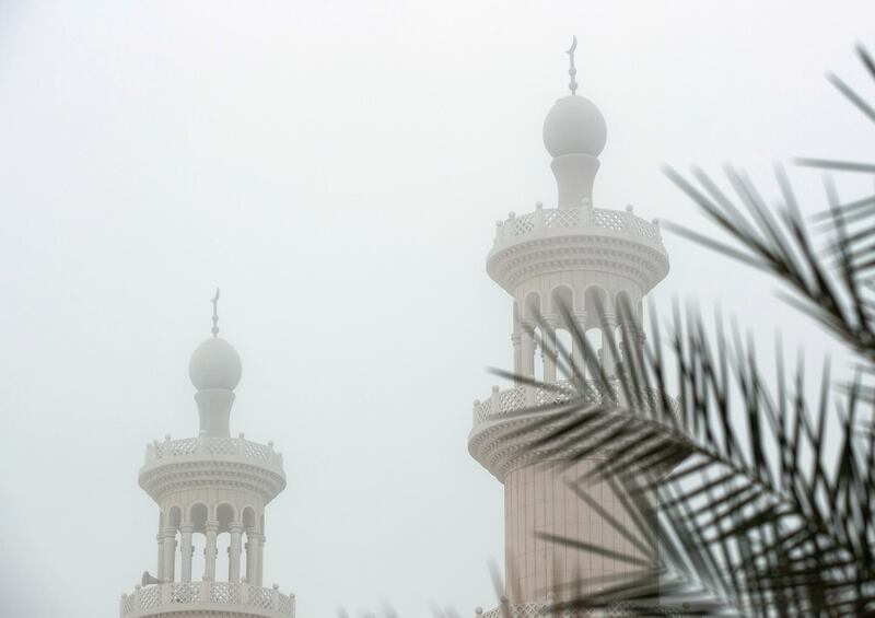 Abu Dhabi, United Arab Emirates, April 8, 2021.  Fog engulfs the Saeed Muhammed Al Kalili Mosque in Khalifa City, Abu Dhabi.
Victor Besa/The National
Section:  AC