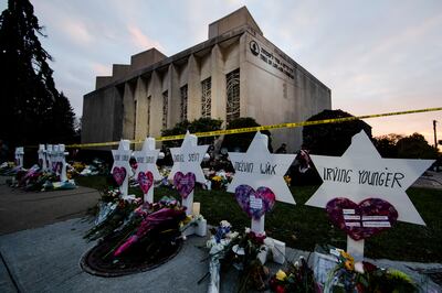 A makeshift memorial stands outside the Tree of Life Synagogue in Pittsburgh in the aftermath of a mass shooting. AP