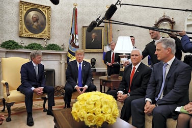 United States Special Presidential Envoy for Hostage Affairs Robert O'Brien is seen here on the right while President Donald Trump speaks to former hostage Danny Burch at the White House in March after his release in Yemen. AP Photo