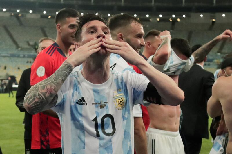 Lionel Messi blows a kiss to celebrate their win against Brazil. EPA