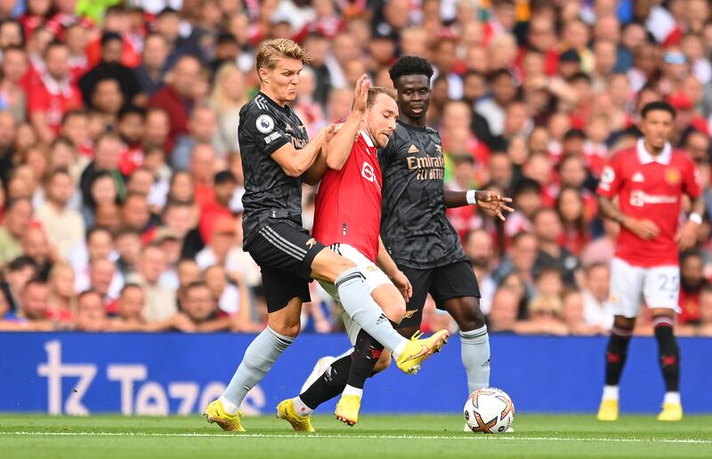 Christian Eriksen 8: Volleyed wide in opening 10 minutes. Integral to setting up Antony’s goal. Tireless, creative. Fouled by Odegaard in the run up what Arsenal thought was a goal in first half. His best game since joining United. Getty