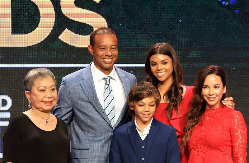 Tiger Woods, Kultida Woods, Sam Alexis Woods, Charlie Axel Woods and Erica Herman pose for a photo during the 2022 World Golf Hall of Fame Induction. AFP