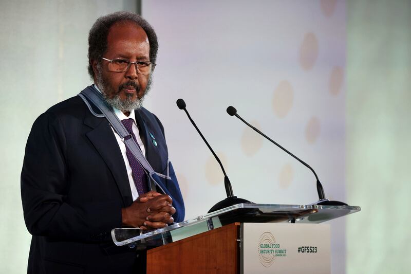 Somalia's President Hassan Sheikh Mohamud makes a speech at the summit. AP