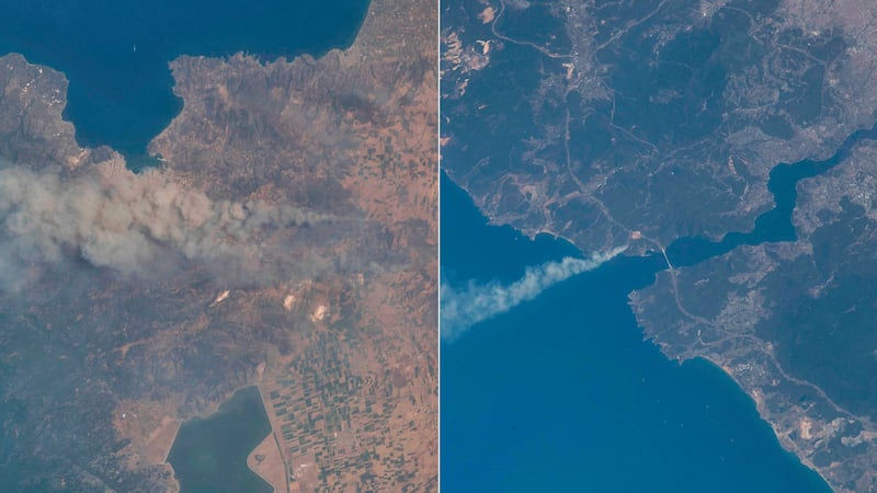 Smoke rises from wildfires in Greece and Turkey, respectively, as the International Space Station passed over them. Photo: Sultan Al Neyadi / Twitter