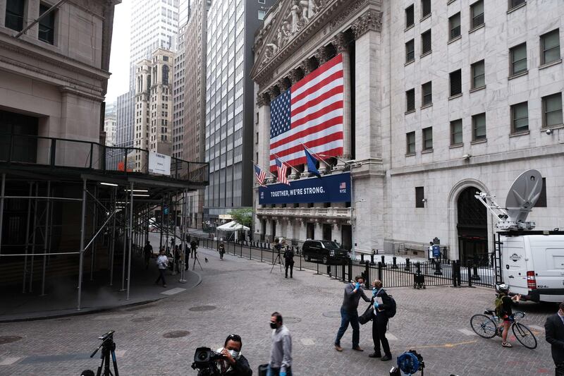 The New York Stock Exchange in Lower Manhattan on the first day that traders are allowed back on to the floor of the exchange on May 26, 2020 in New York City. Getty Images via AFP