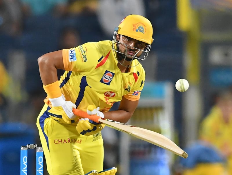Chennai Super Kings cricketer Suresh Raina plays a shot during the 2018 Indian Premier League (IPL) Twenty20 cricket match between Rajasthan Royals and Chennai Super Kings at The Maharashtra Cricket Association Stadium in Pune on April 20, 2018. (Photo by PUNIT PARANJPE / AFP) / ----IMAGE RESTRICTED TO EDITORIAL USE - STRICTLY NO COMMERCIAL USE----- / GETTYOUT