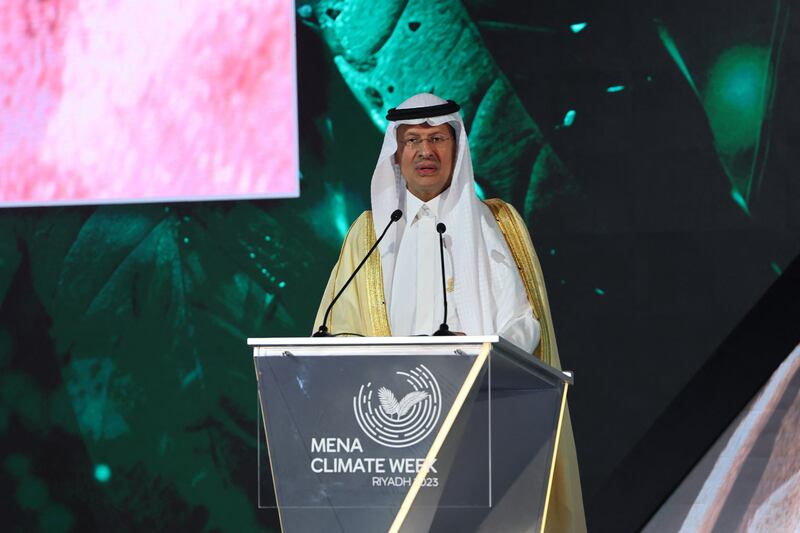 Saudi Energy Minister Prince Abdulaziz bin Salman speaking at the Middle East and North Africa Climate Week this month. AFP