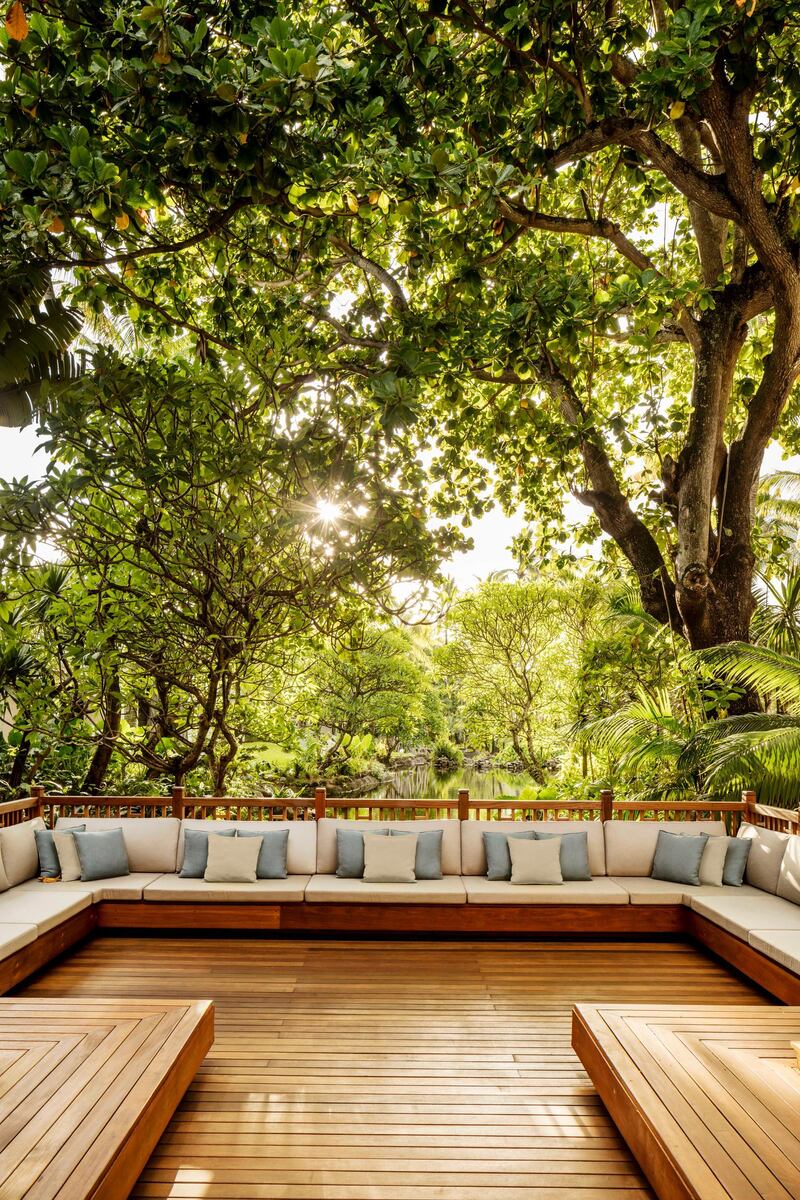 <p>A sitting area within the grounds provides for a rainforest vibe.&nbsp;One&amp;Only Le Saint Geran</p>
