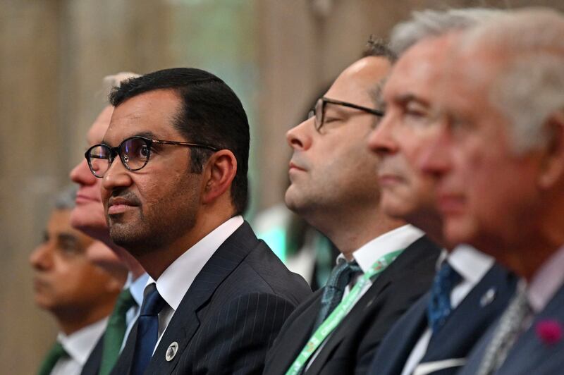 Dr Sultan Al Jaber, UAE Minister of Industry and Advanced Technology and President-designate of Cop28, sits with King Charles III, far right, at the Climate Innovation Forum. PA