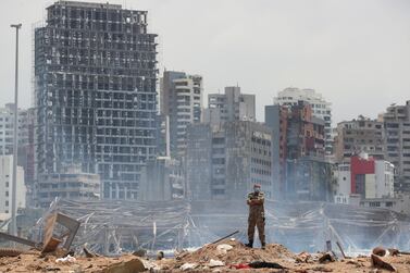 A soldier stands at the devastated site of the explosion at the port of Beirut on Thursday. Reuters