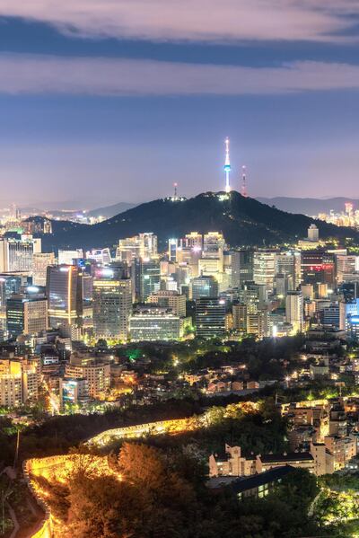 Aerial view of Seoul downtown cityscape and Namsan Seoul Tower at night, Seoul, South Korea.
Getty Images