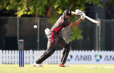 DUBAI, UNITED ARAB EMIRATES , Dec 12– 2019 :- Basil Hameed of UAE playing a shot during the World Cup League 2 cricket match between UAE vs USA held at ICC academy in Dubai. USA won the match by 98 runs. ( Pawan Singh / The National )  For Sports. Story by Paul