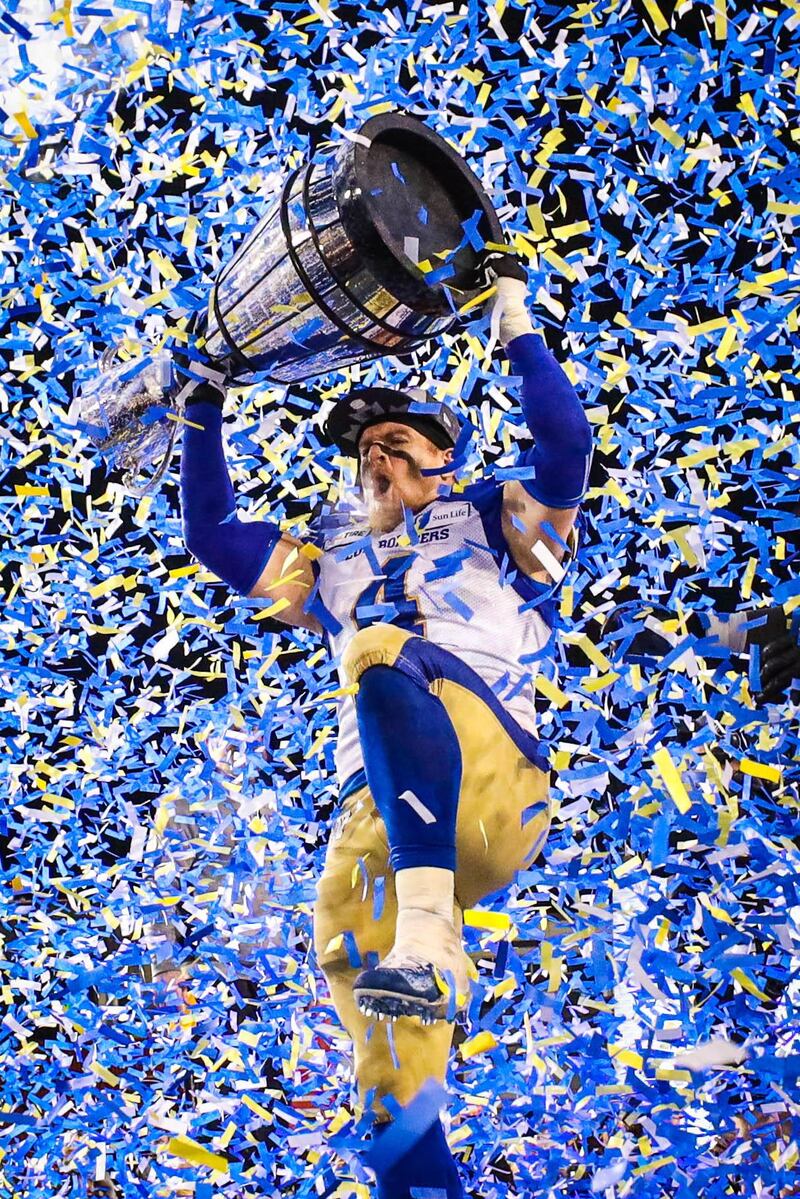 Winnipeg Blue Bombers linebacker Adam Bighill celebrates in Calgary after beating Hamilton Tiger-Cats to win the 107th Grey Cup in the Canadian Football League , on Sunday, November 24. USA TODAY Sports