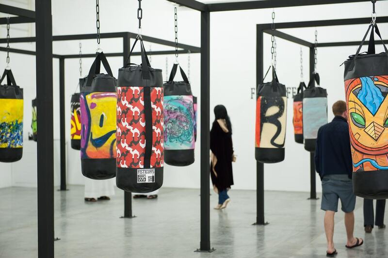 Fisticuffs features punchbags that were used as canvases by 32 artists. Courtesy of FN Designs