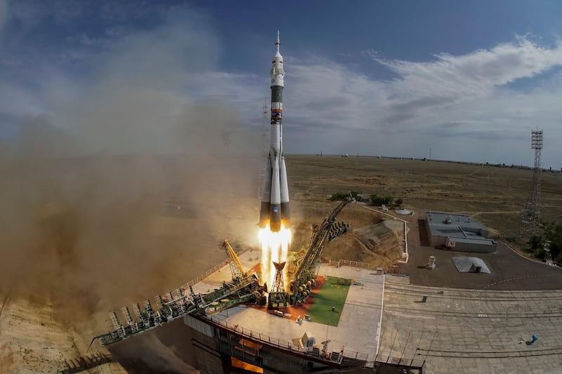The Soyuz MS-09 spacecraft carrying the crew formed of astronauts Serena Aunon-Chancellor of the U.S, Alexander Gerst of Germany and cosmonaut Sergey Prokopyev of Russia blasts off to the International Space Station (ISS) from the launchpad at the Baikonur Cosmodrome, Kazakhstan June 6, 2018. REUTERS/Shamil Zhumatov