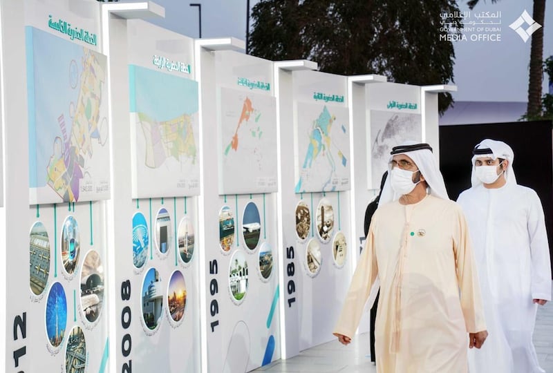 Sheikh Mohammed bin Rashid, Vice President and Ruler of Dubai, and Sheikh Maktoum bin Mohammed, Deputy Ruler of Dubai, at an exhibition of the Dubai 2040 plan. Courtesy: Dubai Media Office