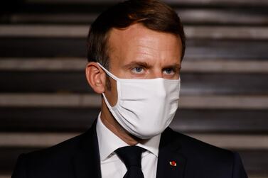 epa08759902 French President Emmanuel Macron delivers a speech at the end of a visit on the fight against separatism at the Seine Saint Denis prefecture headquarters in Bobigny, northeastern suburbs of Paris, France, 20 October 2020. EPA/LUDOVIC MARIN / POOL MAXPPP OUT