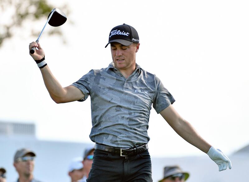Mar 2, 2019; Palm Beach Gardens, FL, USA;  Justin Thomas reacts after his shot from the tenth tee during the third round of The Honda Classic golf tournament at PGA National (Champion). Mandatory Credit: Jasen Vinlove-USA TODAY Sports