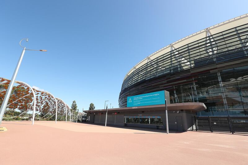 Empty public spaces surrounding Optus Stadium during the round 1 AFL match between the West Coast Eagles and the Melbourne Demons in Perth. Getty Images