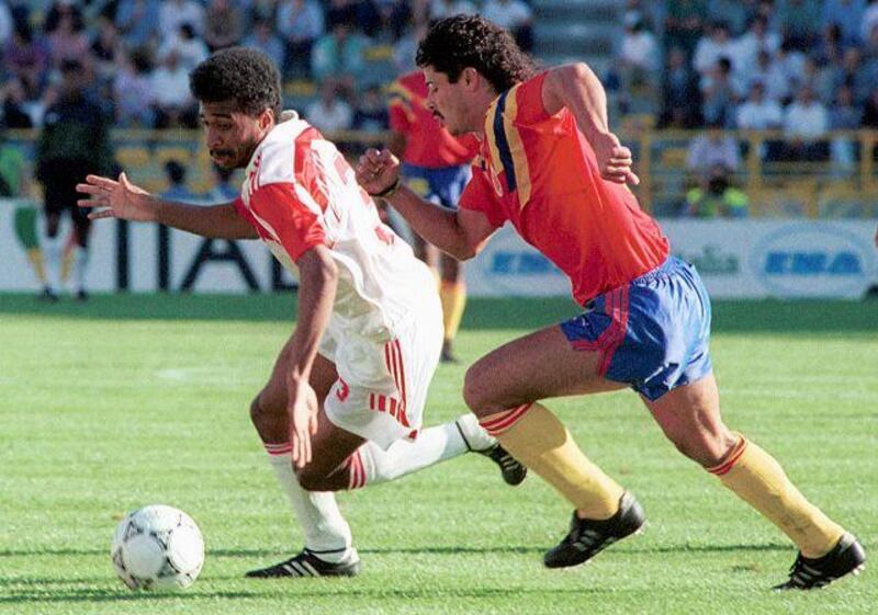 The UAE midfielder Khalid Mubarak, left, fights for the ball with the Colombian defender Andres Escobar during the 1990 World Cup in Italy.
