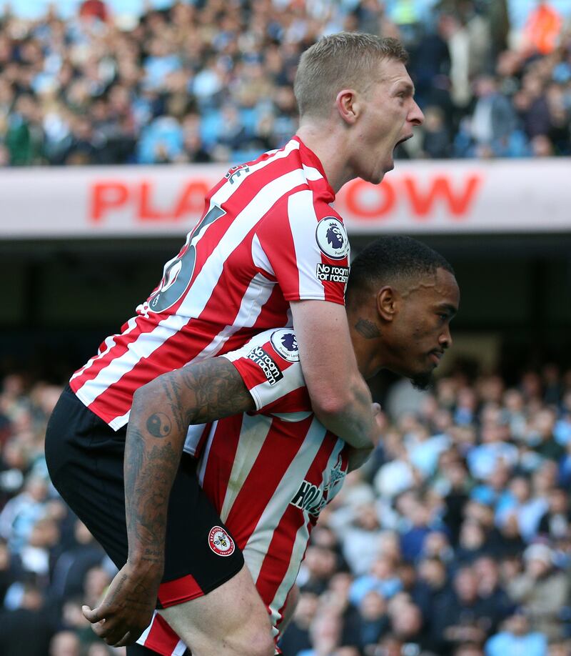 Ivan Toney celebrate scoring his second goal at Manchester City. PA