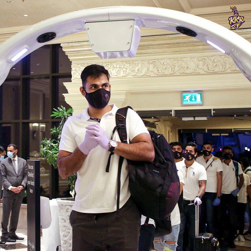 Kolkata Knight Riders arrive at their team hotel in Abu Dhabi for IPL 2020. Courtesy Kolkata Knight Riders twitter / @KKRiders