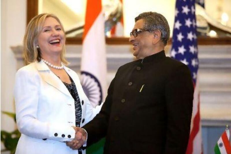Hillary Clinton met S M Krishna, India's foreign minister, in New Delhi yesterday. She will visit Chennai today. Graham Crouch / Bloomberg