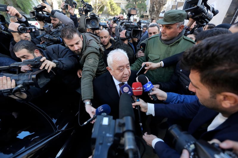 The Iraqi Ambassador to Syria Sa'ed Mohammad Riad speaks with reporters at the inauguration ceremony of the reopening of the UAE embassy in Damascus, Syria. EPA