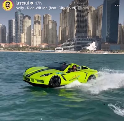 Social media influencer Just Sul has been cruising on Dubai waters in style with a neon green floating car that goes as fast as a jet ski. Photo: Just Sul Instagram