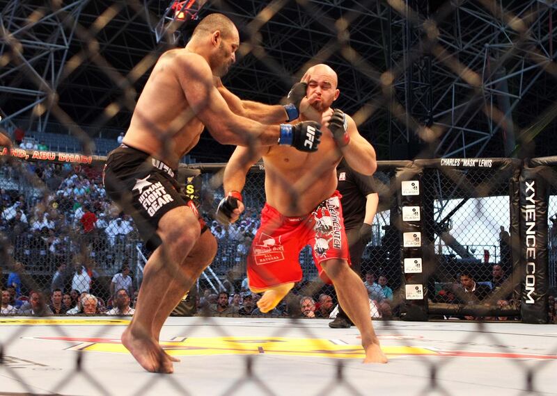 ABU DHABI. 10th April 2010. UFC. YAS ISLAND.  The first fight of the night between Jon Madsen (red shorts) and Mostapha al Turk at the specially built arena on Yas Island last night (sat)  Stephen  Lock   /  The National  