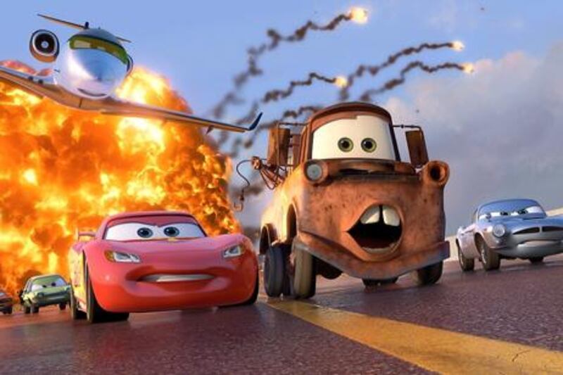  to R: Grem (voice by Joe Mantegna), Acer (voice by Peter Jacobson), Siddeley (voice by Jason Isaacs), Lightning McQueen (voice by Owen Wilson), Mater (voice by Larry the Cable Guy) and Finn McMissile (voice by Sir Michael Caine). ©Disney/Pixar.