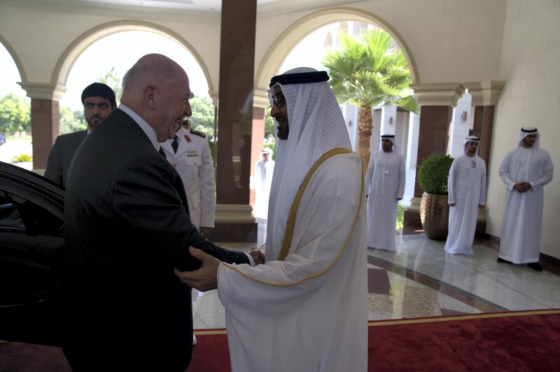 ABU DHABI, UNITED ARAB EMIRATES - October 01, 2017: HH Sheikh Mohamed bin Zayed Al Nahyan, Crown Prince of Abu Dhabi and Deputy Supreme Commander of the UAE Armed Forces (R), receives His Excellency General the Honourable Sir Peter Cosgrove, Governor-General of Australia (L), at Mushrif Palace. 


( Hamad Al Kaabi / Crown Prince Court - Abu Dhabi )
---